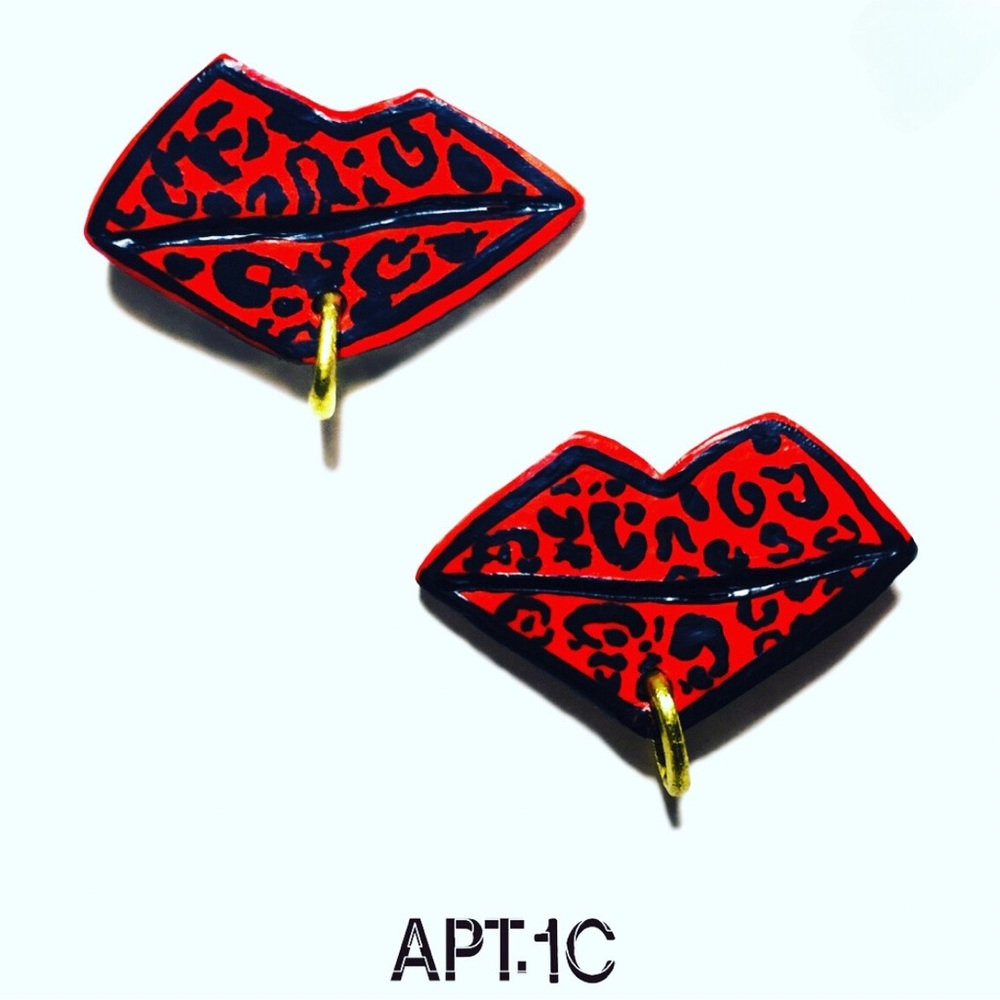 Red Leopard Hand Painted Earrings by Apt.1C, in red, black & gold - Pierced